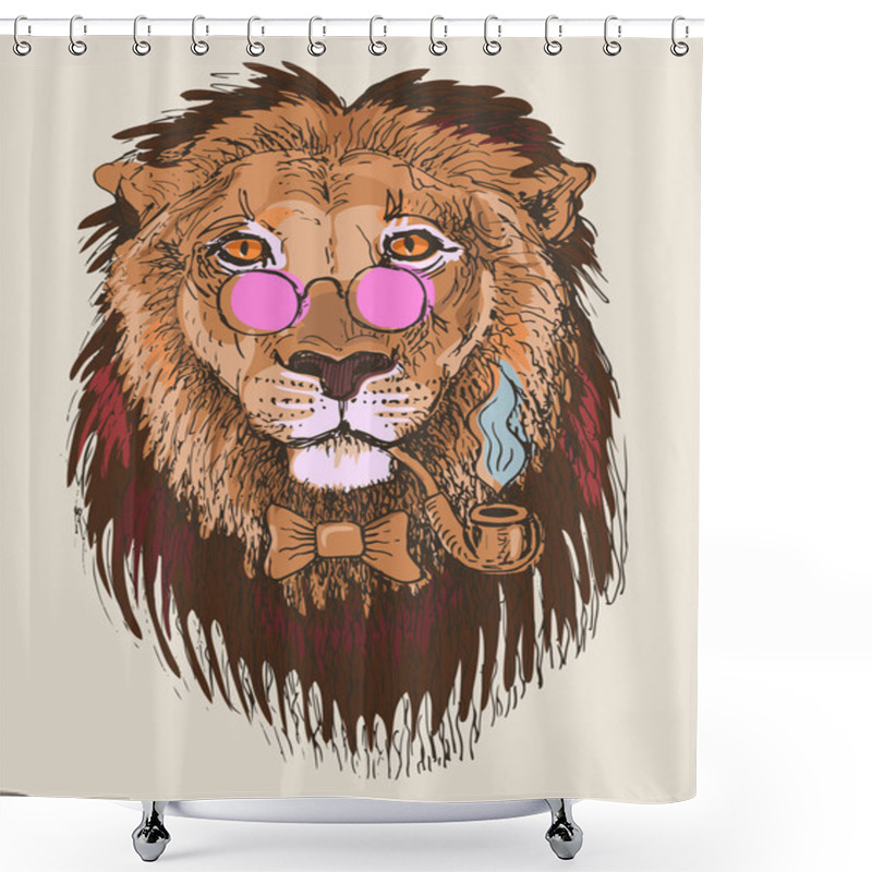 Personality  Artwork Of Hipster Lion Smoking Tube In Pink Glasses, Sketch Dra Shower Curtains