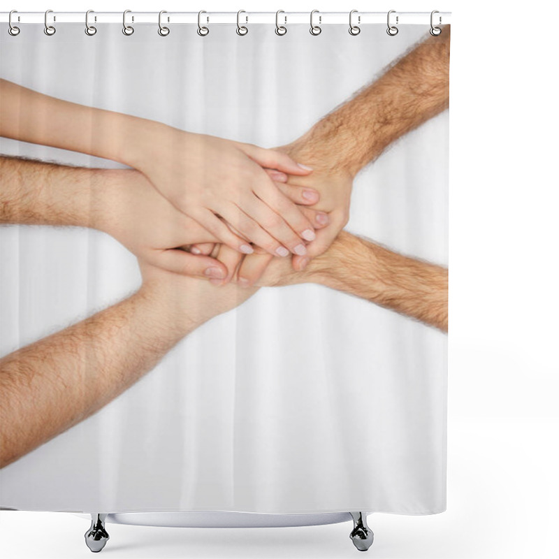 Personality  Top View Of Men And Woman Holding Hands Isolated On White Shower Curtains