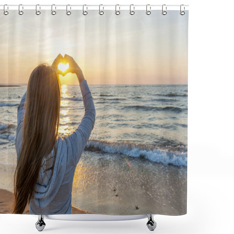 Personality  Girl Holding Hands In Heart Shape At Beach Shower Curtains