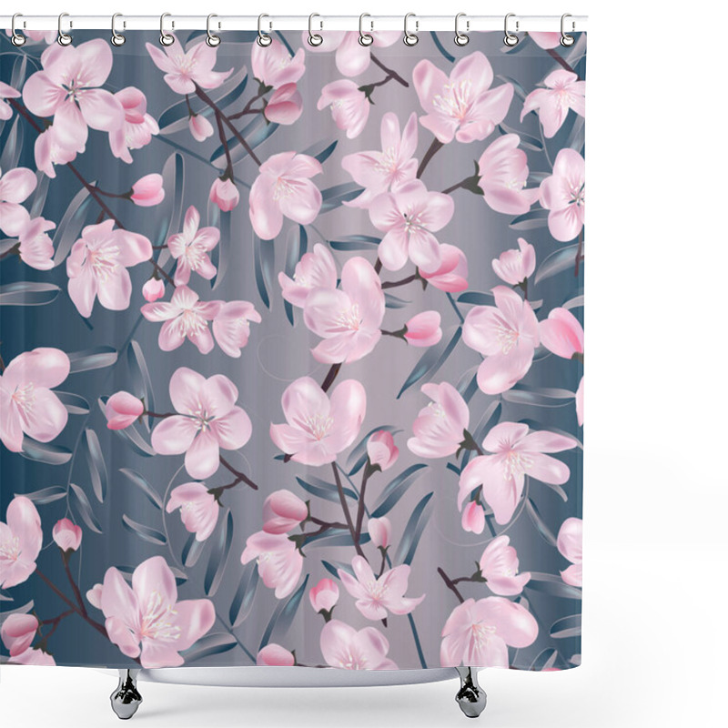 Personality  Vector Botanical Seamless Pattern With Blossoming Sakura. Modern Floral Pattern For Textile, Wallpaper, Print, Gift Wrap, Greeting Or Wedding Background. Shower Curtains