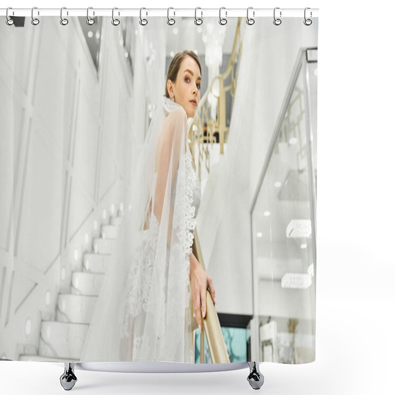 Personality  A Young Brunette Bride, Dressed In A Wedding Gown, Standing Gracefully On A Staircase In A Bridal Salon. Shower Curtains