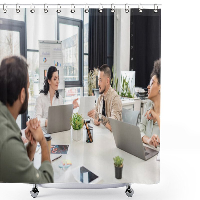 Personality  Asian Man Showing Graphs To Pleased Team Leader Sitting At Working Desk Near Interracial Colleagues Shower Curtains