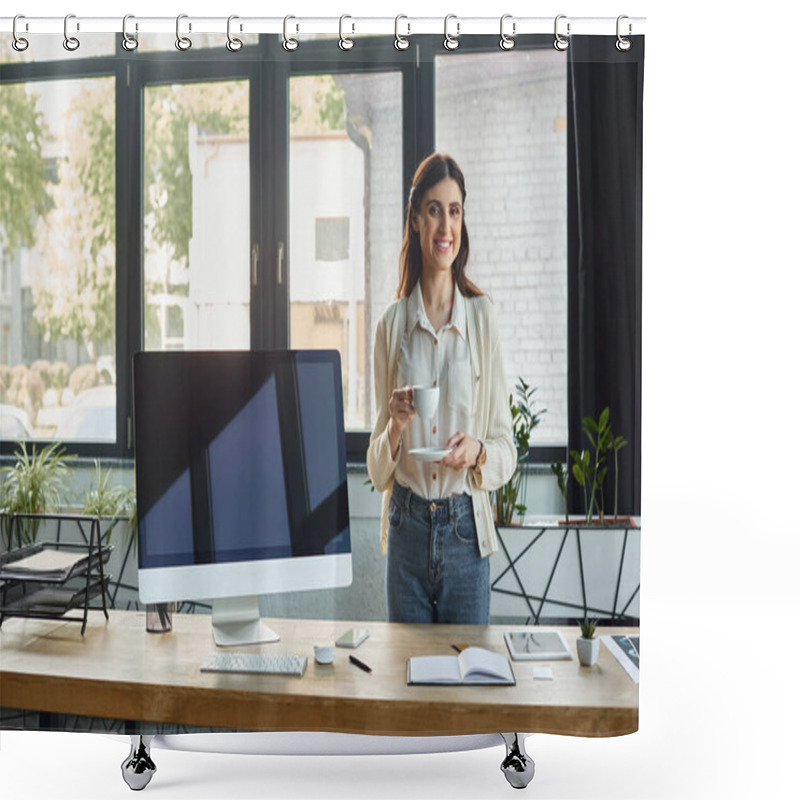 Personality  A Modern Businesswoman Stands At Her Computer, Juggling Tasks While Holding A Cup Of Coffee. Shower Curtains