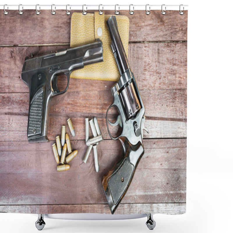 Personality  Black Revolver Gun And Semi-automatic 9mm Gun On Wooden Backgrou Shower Curtains