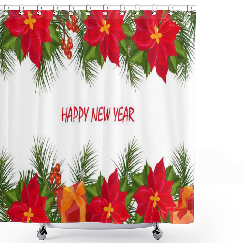 Personality  Red Poinsettia Flowers Christmas Banner Card Vector. Retro Festive Backgrounds Shower Curtains