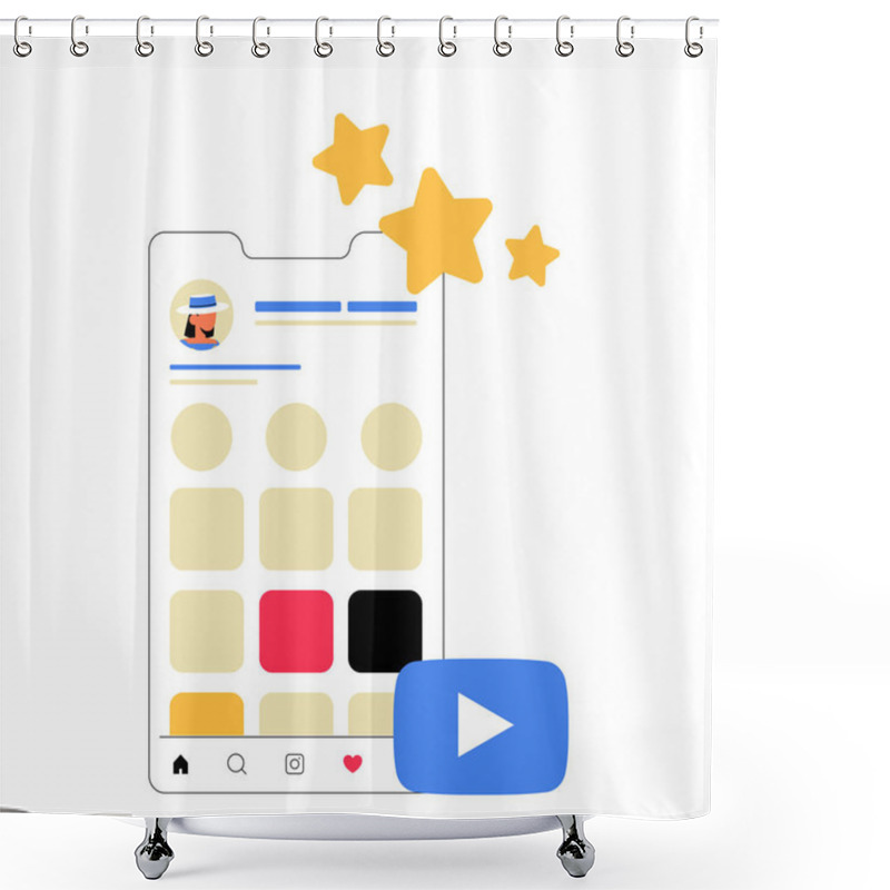 Personality  Digital Social Media Profile Interface Displays An Organized Content Grid With A Video Play Icon And Engagement Symbols. Flat Vector Illustration About Social Trends And Content Influence. Shower Curtains