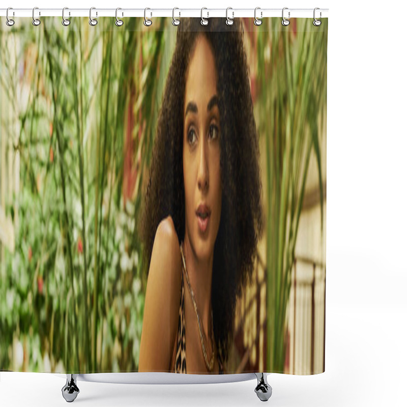 Personality  Young African American Woman With Curly Hair In Animal Print Look In A Tropical Setting, Banner Shower Curtains