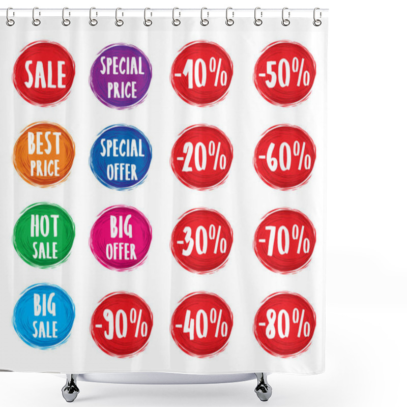 Personality  Colorful Labels And Stickers Set. Collection Symbols In Grunge Style Such As Sale, Special Offer, Special Price, Hot Sale, Best Price, Big Sale, Big Offer, 10,20,30, 40, 50, 60, 70, 80, 90 Off. Vector Shower Curtains