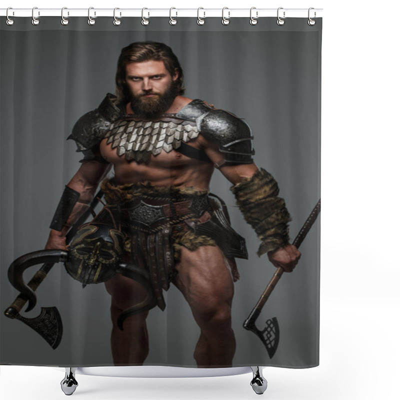 Personality  A Bearded Viking With Long Hair Stands Against A Gray Background While Holding A Large Two-handed Axe, Dressed In Lightweight Fur-lined Armor Shower Curtains