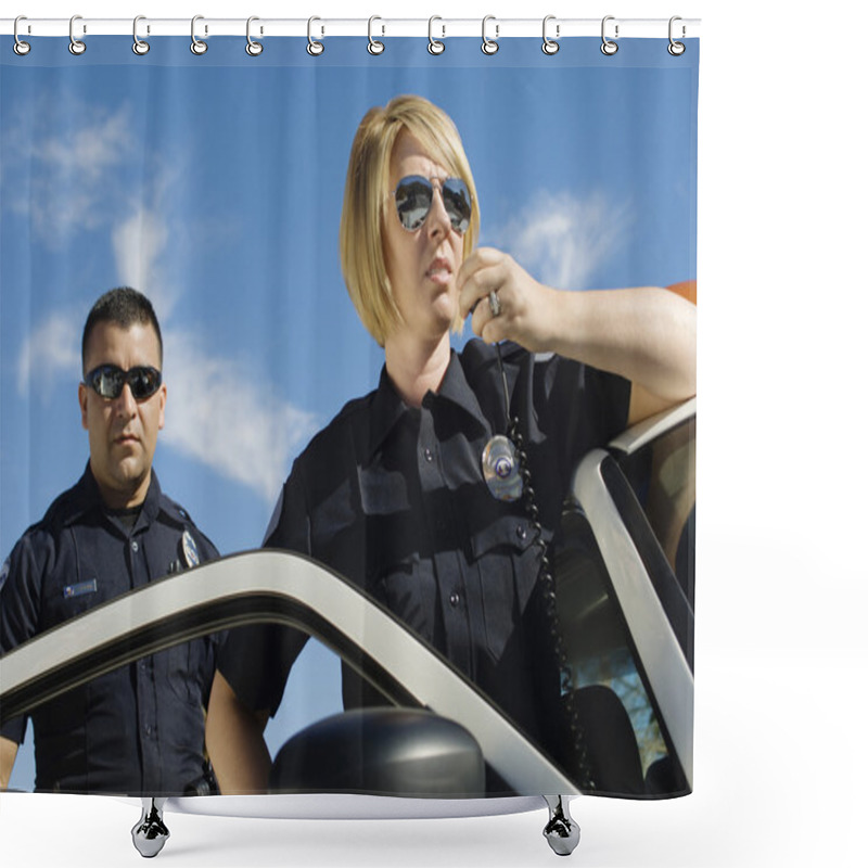 Personality  Police Officers Using Two-Way Radio Shower Curtains