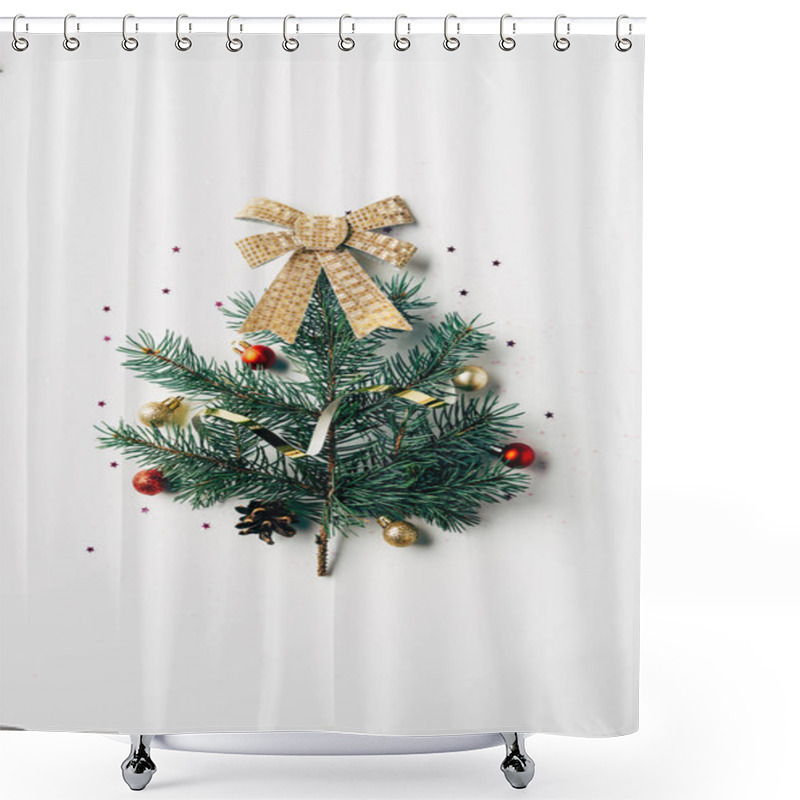 Personality  Top View Of Green Pine Branch Decorated As Festive Christmas Tree With Bow On White Background Shower Curtains