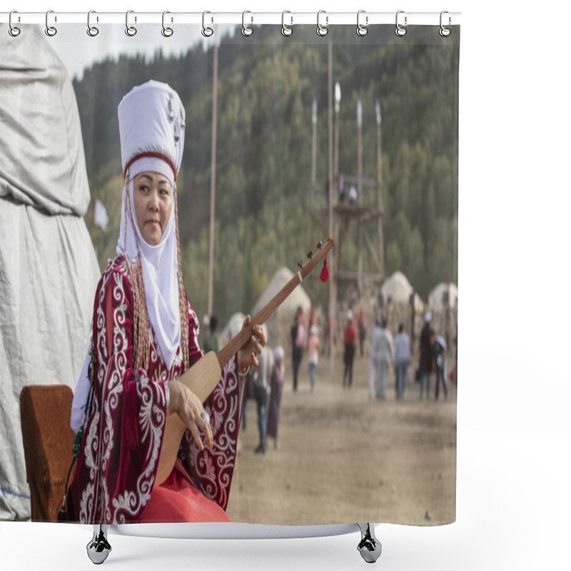 Personality  KYRCHYN, KYRGYZSTAN - SEPTEMBER 6TH, 2018: Kyrgyz Woman Singing During World Nomad Games 2018 Shower Curtains