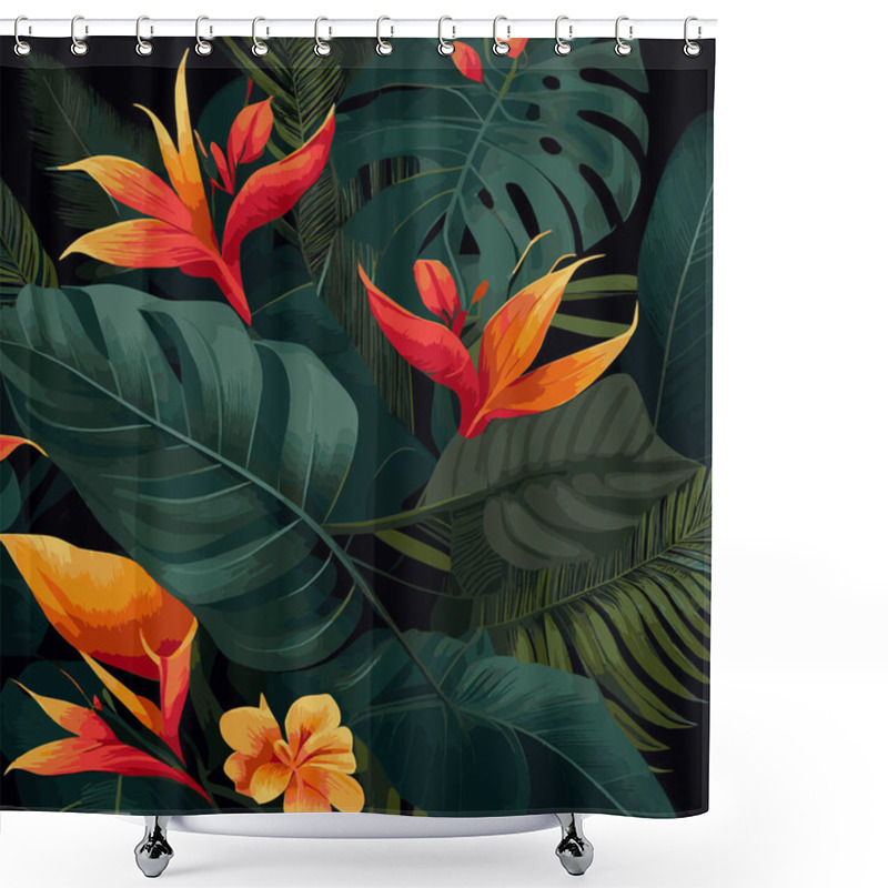 Personality  Green Tropical Forest Background Monstera Leaves, Palm Leaves, Branches. Exotic Plants Background For Banner, Template, Decor, Postcard. Abstract Foliage And Botanical Wallpaper - Vector Illustration Shower Curtains