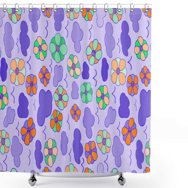 Personality  A Vibrant Array Of Flowers And Shapes Fills A Pastel Purple Background, Evoking Joy. Shower Curtains