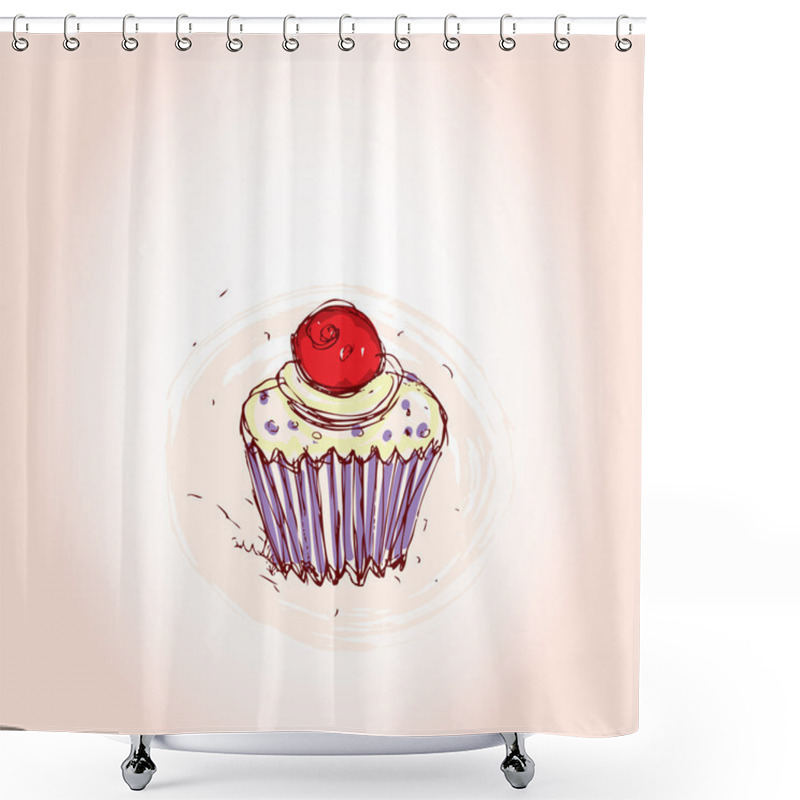 Personality  Cupcake With Cherries And Cream Hand Drawn Sketch On Pink Background. Vector Shower Curtains