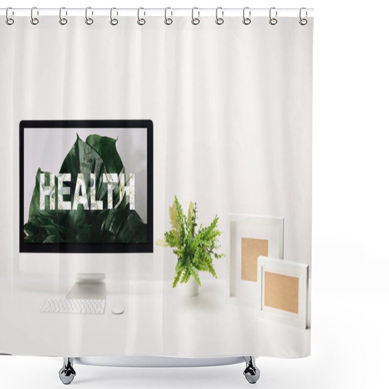 Personality  Computer With Health Lettering On Monitor On White Background Shower Curtains