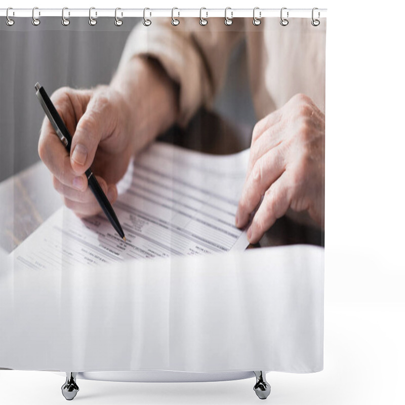 Personality  Cropped View Of Senior Man Holding Pen Near Papers On Table  Shower Curtains