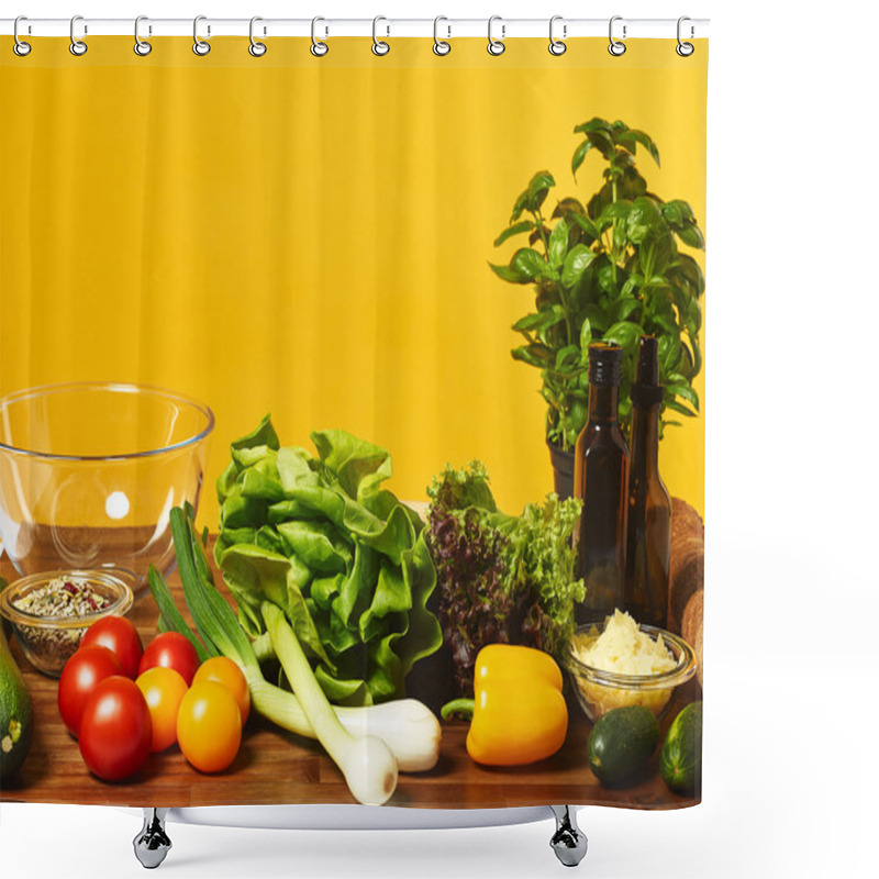 Personality  Fresh Salad Ingredients And Yellow Background Shower Curtains