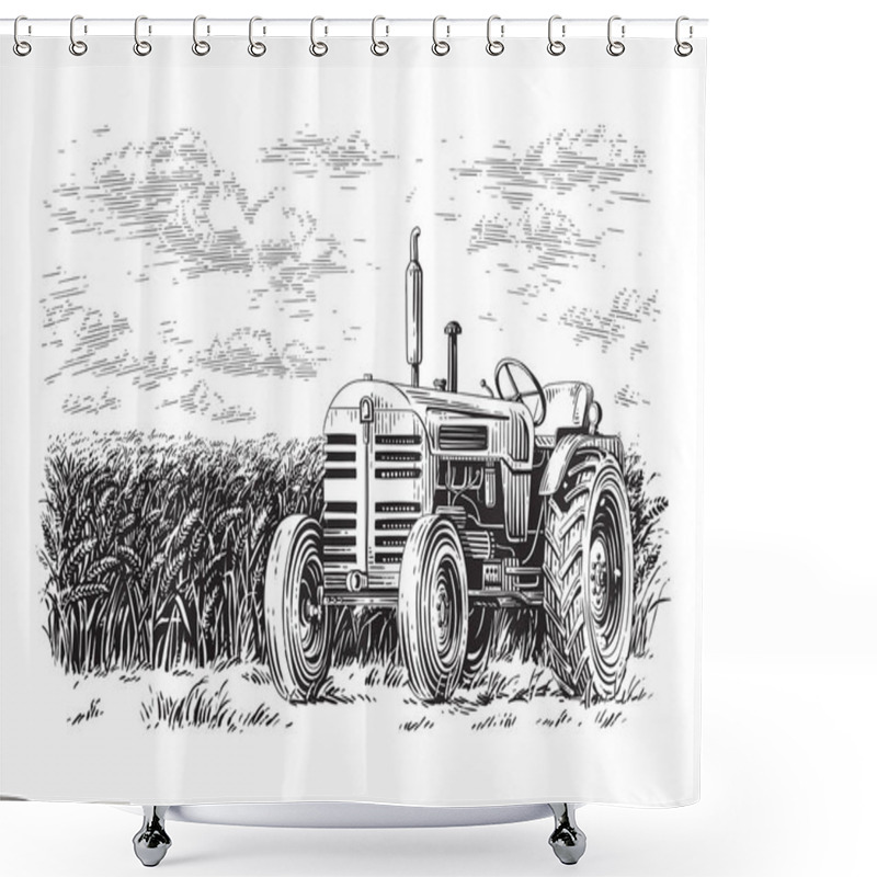 Personality  Tractor On The Field Hand Drawing Sketch Engraving Illustration Style Shower Curtains