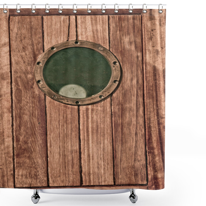 Personality  Close-up Of A Wooden Boat Closed Porthole Shower Curtains