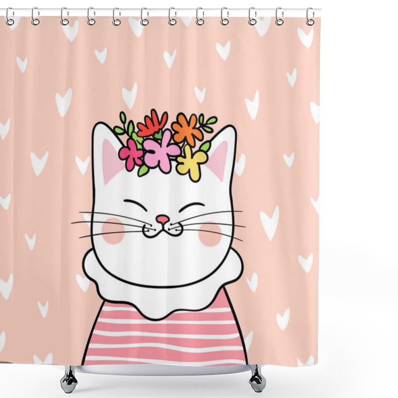 Personality  Drawn Cute Cat With Flowers On Head In Doodle Cartoon Style On Pink Pastel Background, Romantic Concept Shower Curtains