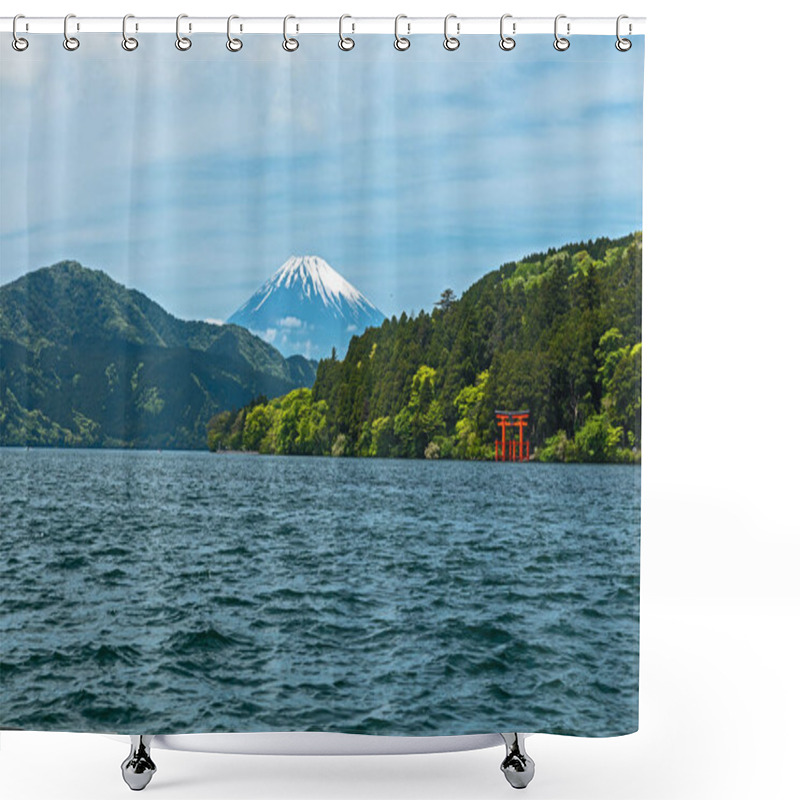 Personality  Red Torii Gate On The Shore Of Lake Ashi, Near Mount Fuji In Hakone, Japan. Shower Curtains