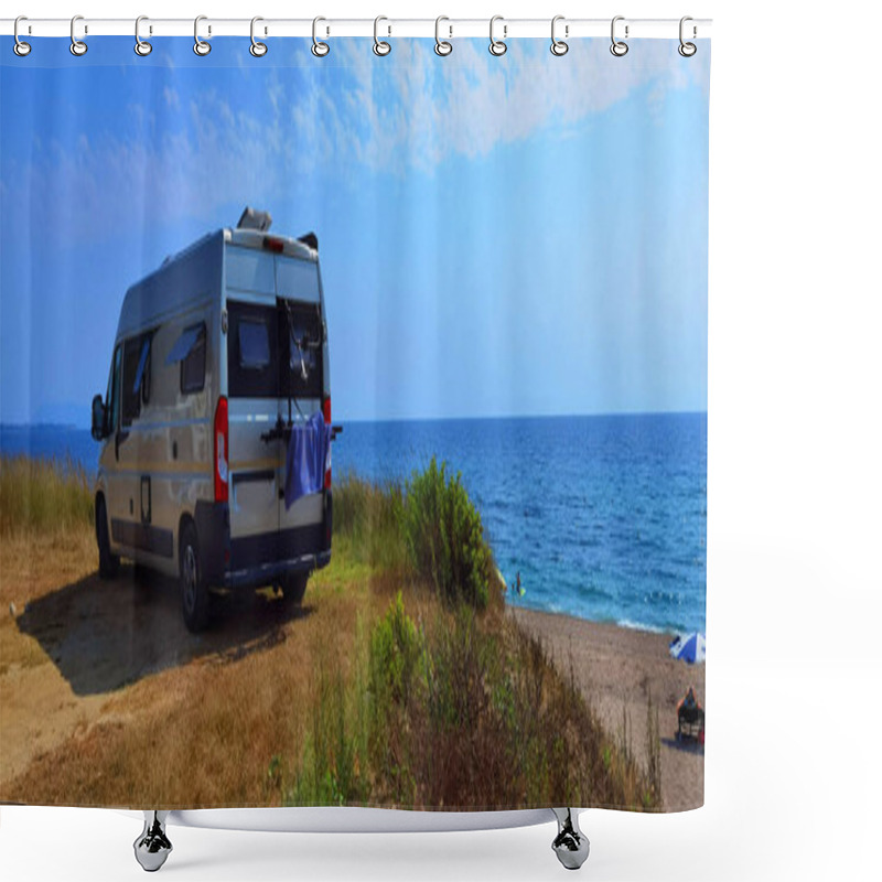 Personality  Caravan Car By The Sea In Summer Beach Trees Blue Sky  Travel In Holidays Shower Curtains