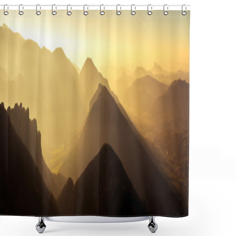 Personality  Panoramic Scenic View Of Mountains And Hills Silhouette At Sunse Shower Curtains