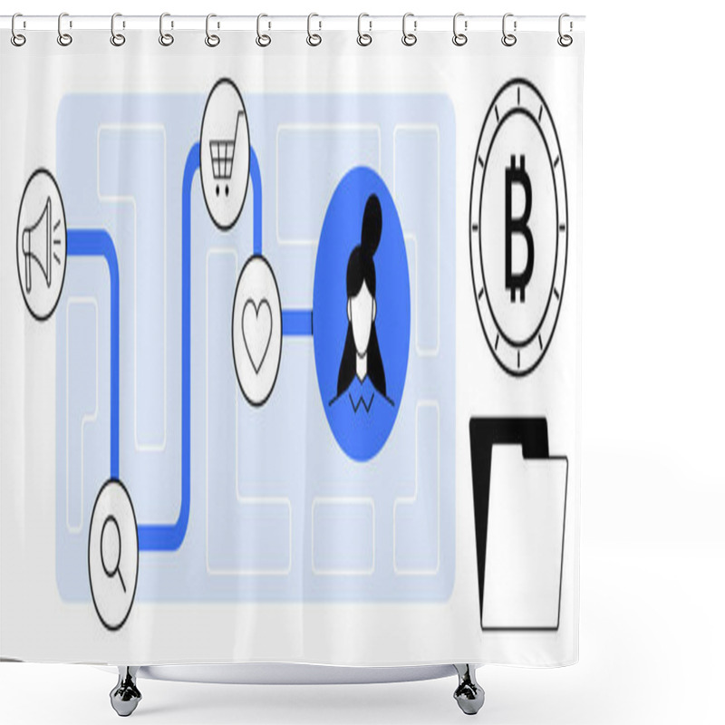 Personality  Icons Of Search, Megaphone, Shopping Cart, Heart, User Profile, Bitcoin, And Files Connected By A Path. Ideal For Marketing, E-commerce, Customer Journey, Cryptocurrency, User Experience, Digital Shower Curtains