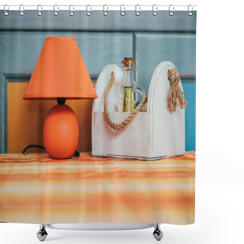 Personality  Close-up View Of Decorative Orange Lamp And Wooden Box With Spices On Table In Restaurant Shower Curtains