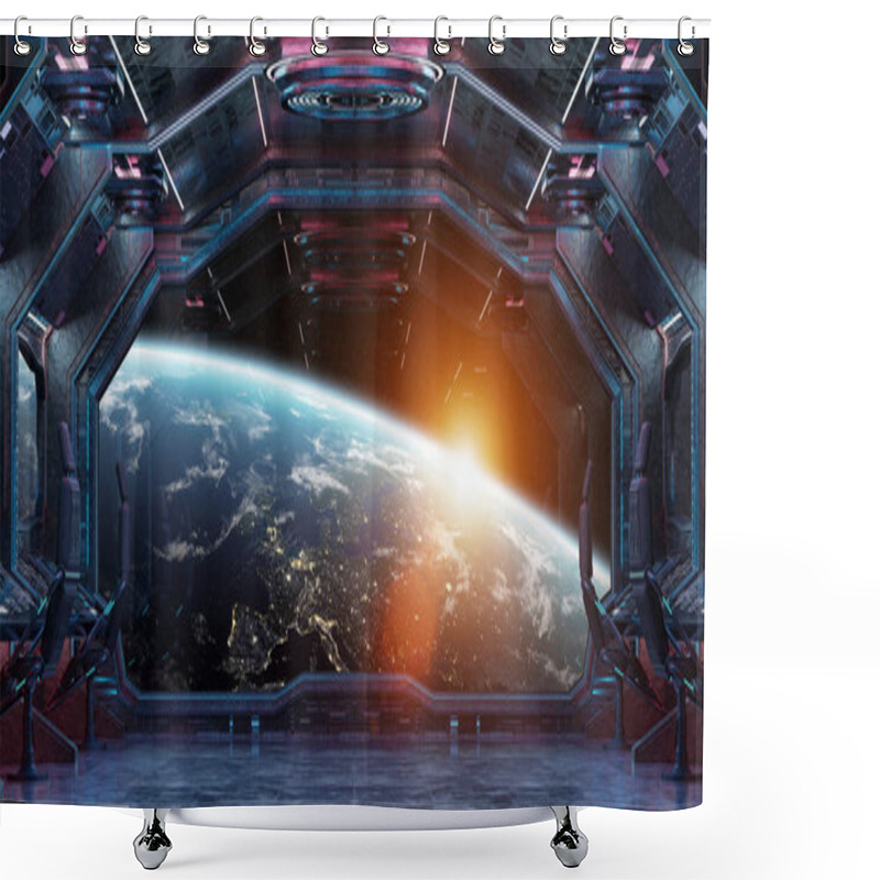 Personality  Grunge Spaceship Blue And Pink Interior With View On Planet Earth 3D Rendering Elements Of This Image Furnished By NASA Shower Curtains