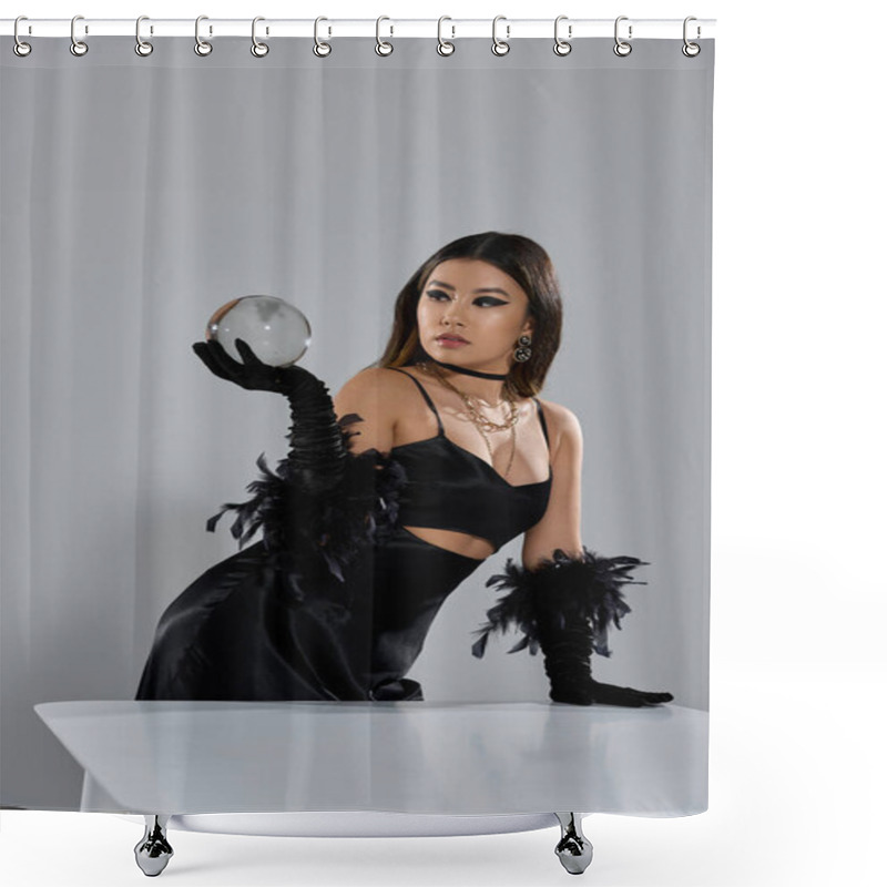 Personality  A Woman In A Black Dress And Feather Gloves Gazes Intently Through A Crystal Ball. Shower Curtains