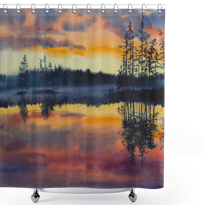 Personality  Bright Crimson Sunset On A Forest Lake Shower Curtains