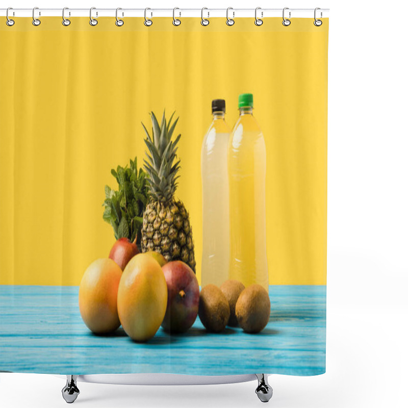 Personality  Close-up View Of Fruity Drinks In Plastic Bottles And Fresh Ripe Tropical Fruits On Yellow  Shower Curtains