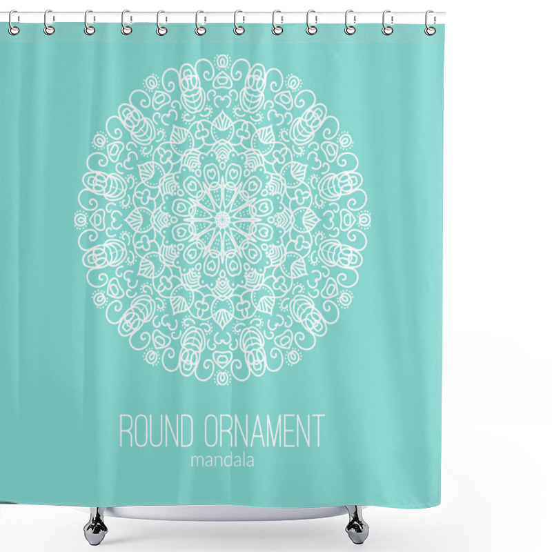 Personality  Vector Hand Drawn White Floral Mandala Circle Ornament Isolated On The Blue Background. Shower Curtains