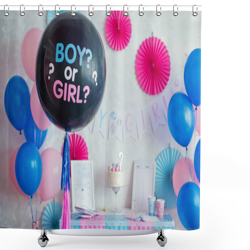 Personality  Gender Party, Blue And Pink Wall Background, Boy Or Girl Object In The Wall And Close Up Party Table With Cake And Blue And Pink Plate, Fork And Napkins Shower Curtains