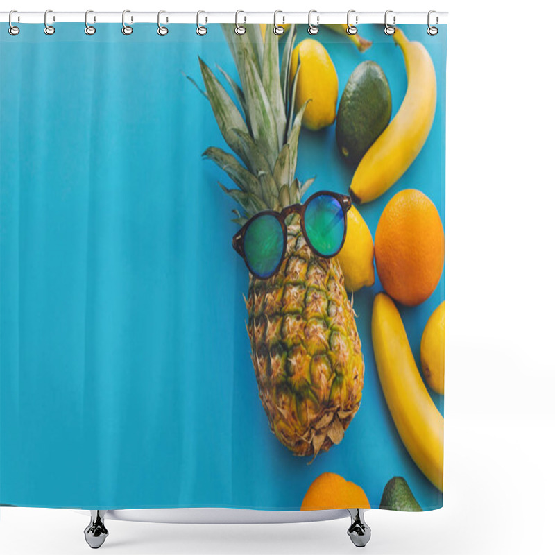 Personality  Summer Multi Fruit Concept, Healthy Lifestyle And Party Vibes. Stylish Pineapple In Sunglasses And Bananas,oranges,lemons,avocado On Blue Trendy Paper Background, Space For Text Shower Curtains