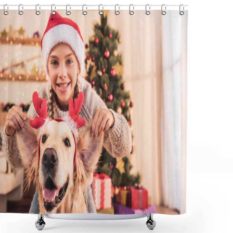 Personality  Smiling Kid In Santa Hat And Golden Retriever Dog With Deer Horns Having Fun At Home Near Christmas Tree Shower Curtains