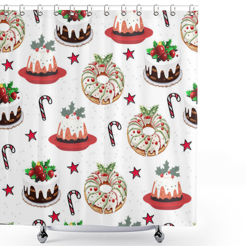 Personality  Seamless Christmas Pudding And Wreath Cake Pattern With StarsChristmas-Themed. Pattern With Holiday Cakes, Holly, And Candy Canes Shower Curtains