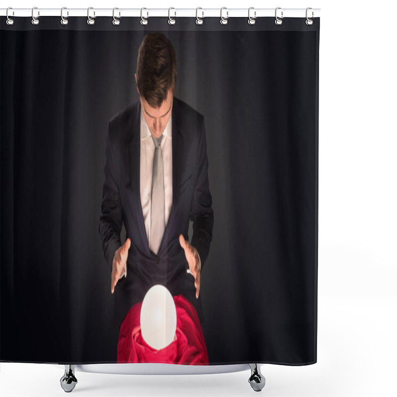 Personality  Handsome Businessman With Magic Ball And Dark Empty Background Shower Curtains