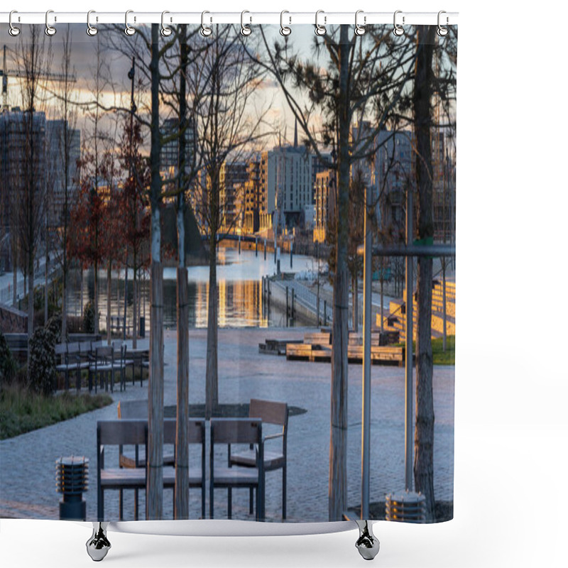 Personality  New Built Amerigo-Vespucci-Platz (Amerigo-Vespucci-place) In The Hafencity In Hamburg, Germany. Shower Curtains