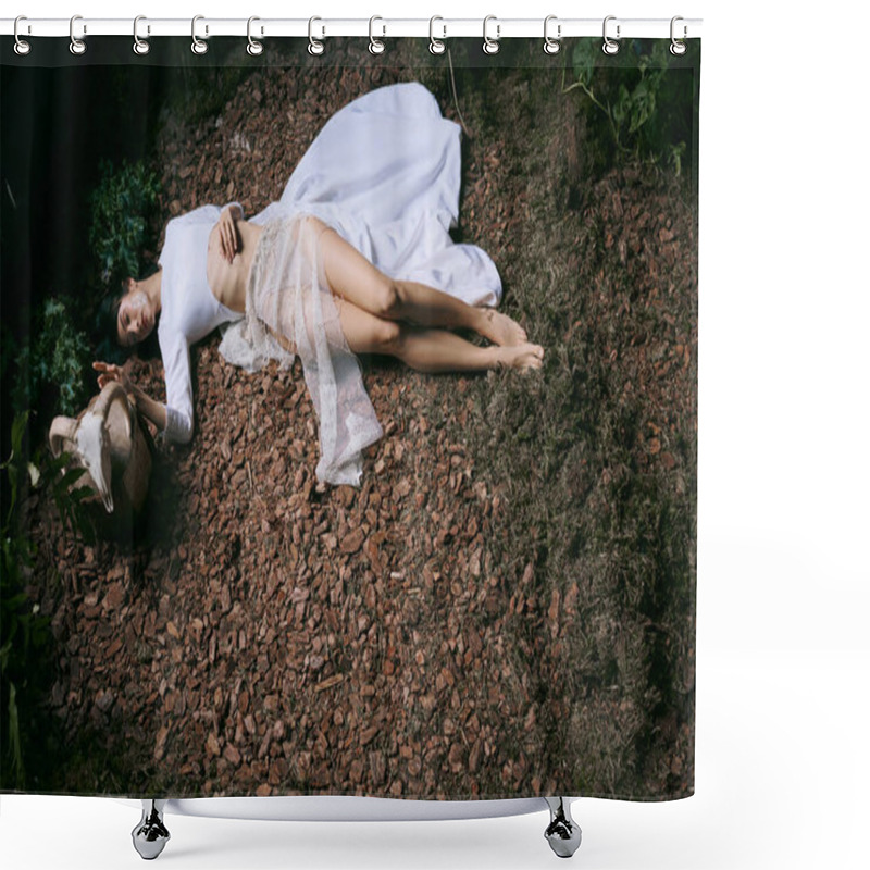 Personality  A Woman Lies On The Ground, Wearing A White Dress. Shower Curtains