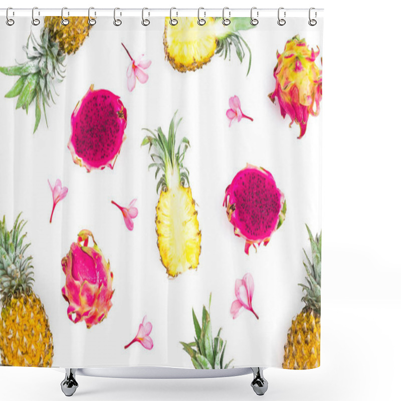 Personality  Fruit Composition Of Pineapple And Dragon Fruits With Tropical Pink Flowers On White Background. Flat Lay, Top View. Shower Curtains