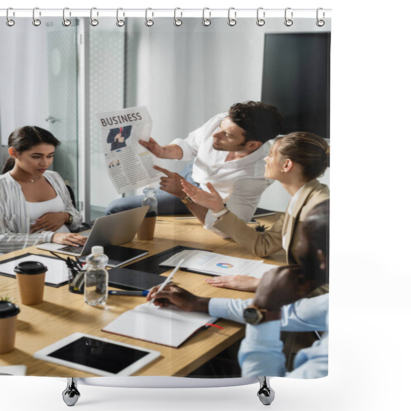 Personality  Young Businessman Showing Newspaper To Multiethnic Colleagues During Meeting Shower Curtains