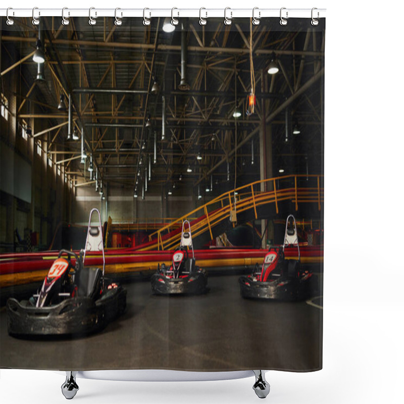 Personality  Modern Racing Cars Inside Of Indoor Kart Circuit, Motor Race Sport Vehicles, Speed Racing Karting Shower Curtains