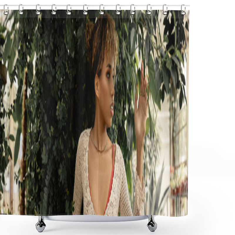 Personality  Young And Trendy African American Woman With Makeup And Knitted Top Touching Green Plants While Standing In Blurred Garden Center, Stylish Woman Enjoying Lush Tropical Surroundings, Banner  Shower Curtains