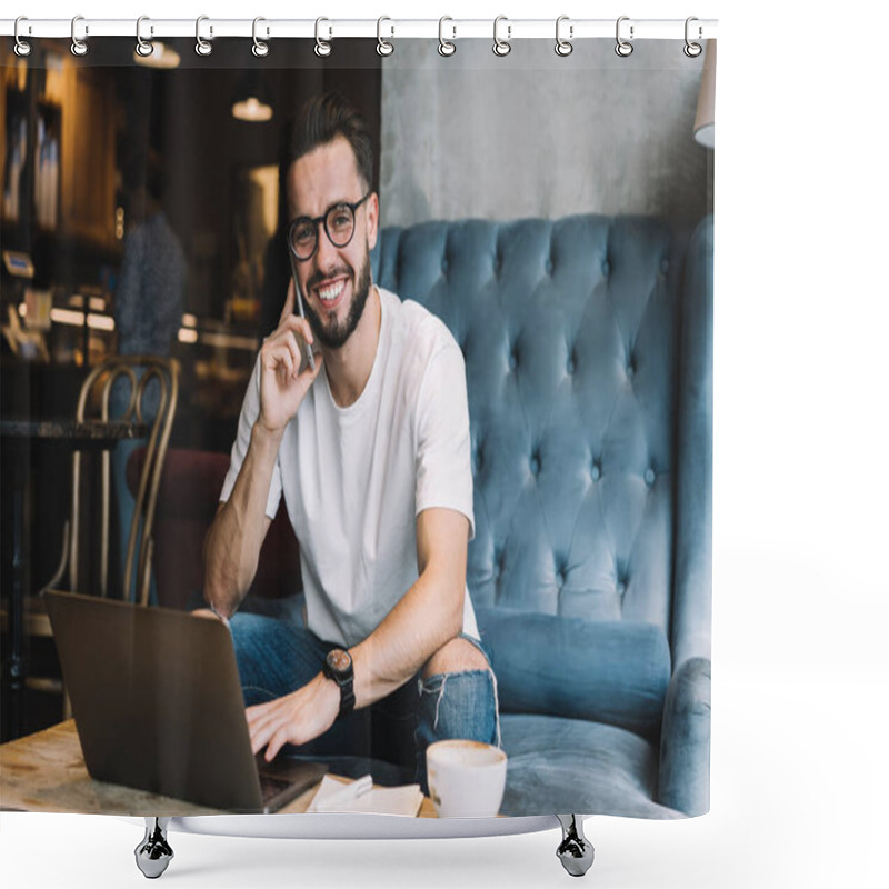 Personality  Portrait Of Cheerful Male Programmer In Optical Spectacles Smiling At Camera During Positive Cellphone Conversation For Discussing Web Networking Shower Curtains