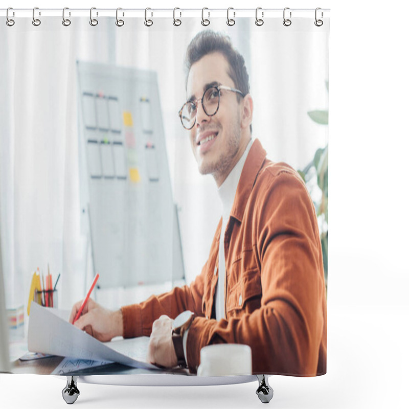 Personality  Side View Of Smiling Ux Designer Holding Marker While Working With Website Templates At Table Shower Curtains