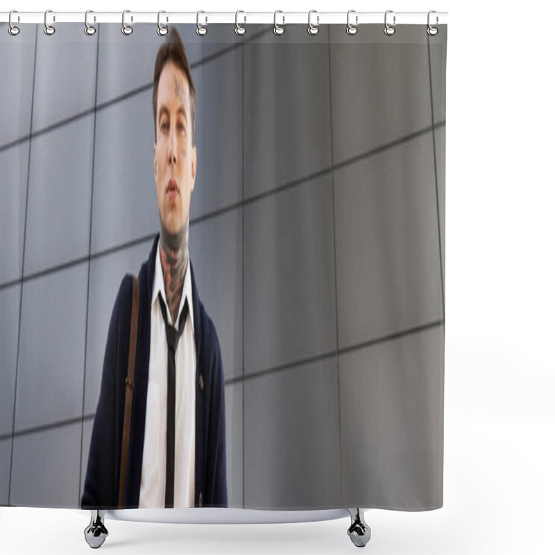 Personality  Tattooed Young Man In A Formal Outfit Poses Against A Sleek Urban Backdrop. Shower Curtains