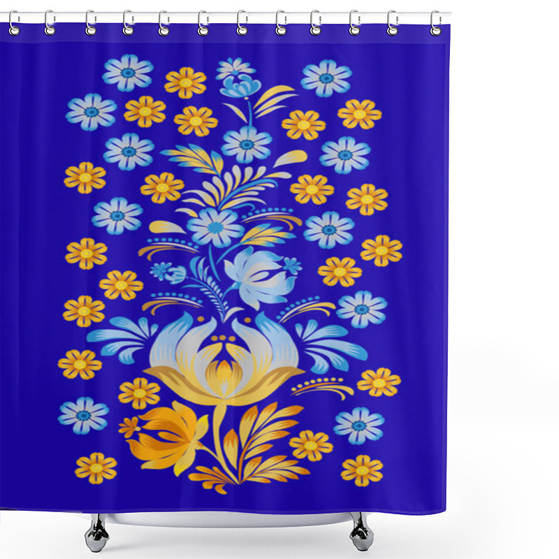 Personality  Floral Pattern Of Yellow Blue Flowers  In The Style Of Painting Petrykivka. Vector Illustration Of The Historic Artistic Traditions In The National Style. Shower Curtains